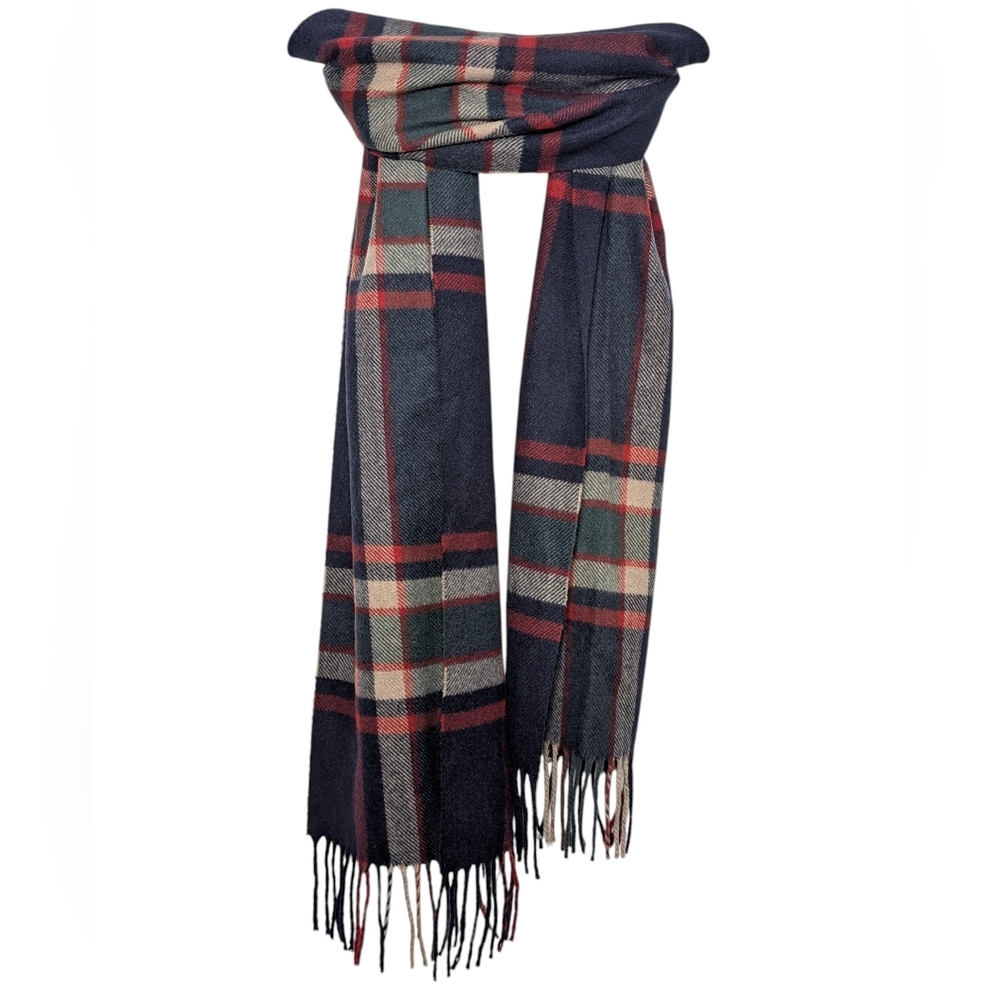 J. Crew Cashmere Navy Blue Tartan Plaid Scarf Red Cream Green Natural Winter